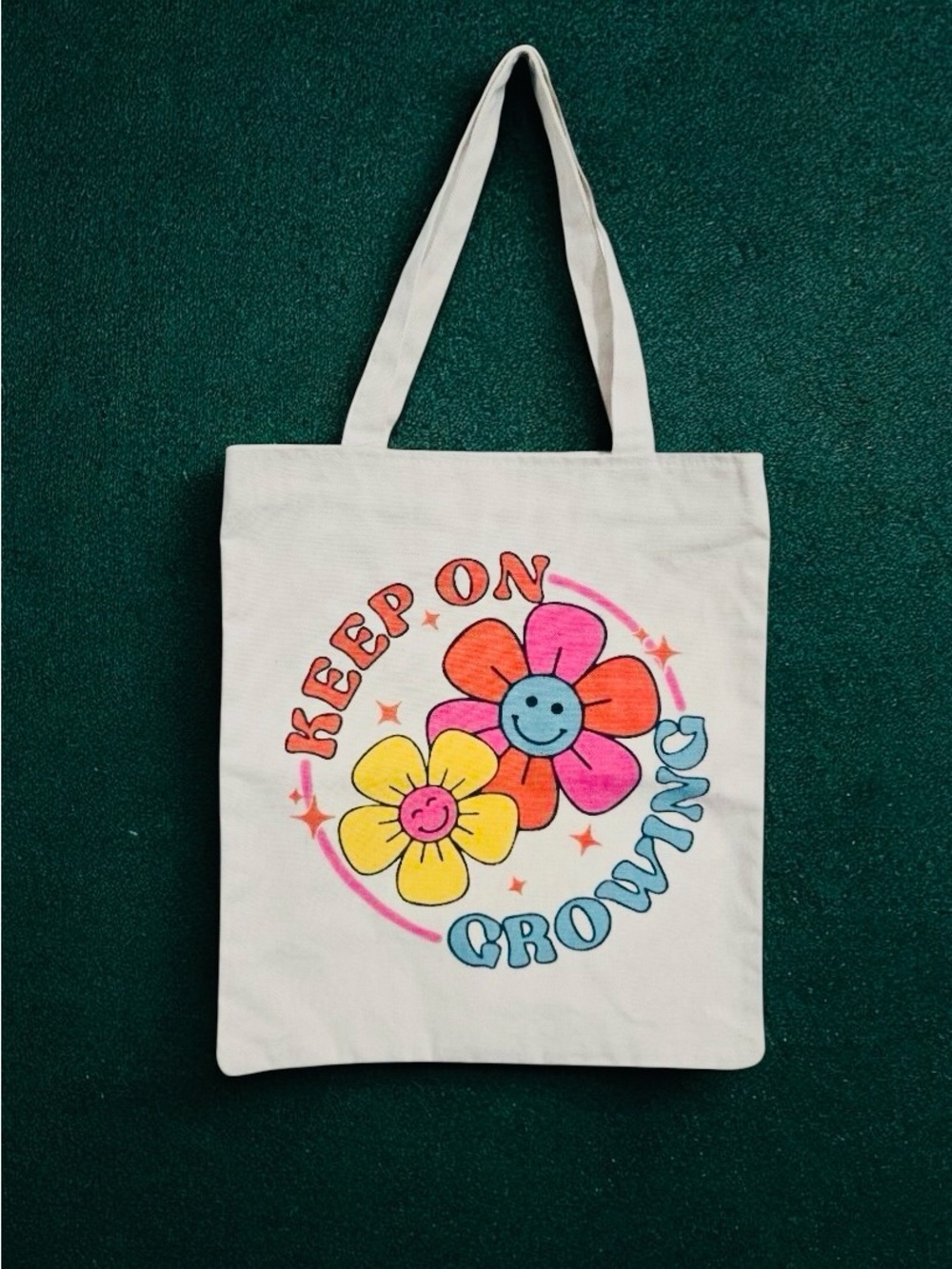 Keep On Growing Flower Print Canvas Tote Bag